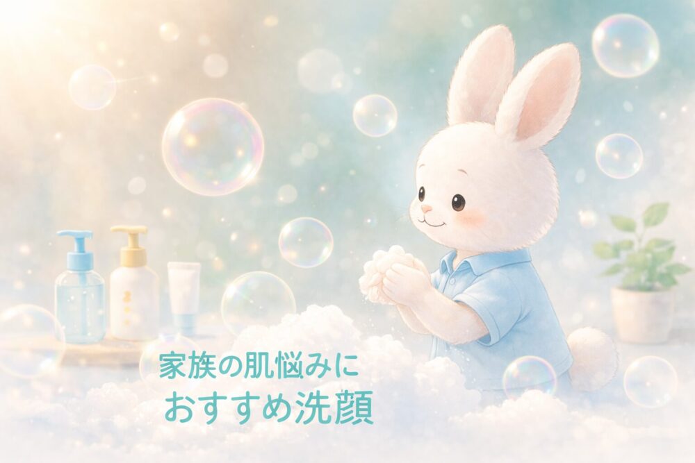 泡でやさしく洗顔する白いうさぎのイラスト。アトピーや敏感肌向けのイメージのやわらかい雰囲気。