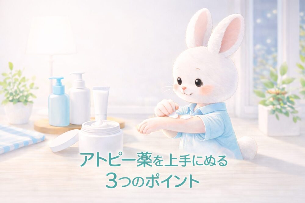 クリームを腕にやさしく塗っている白いうさぎのイラスト。スキンケア用品に囲まれた、明るくやわらかい雰囲気。