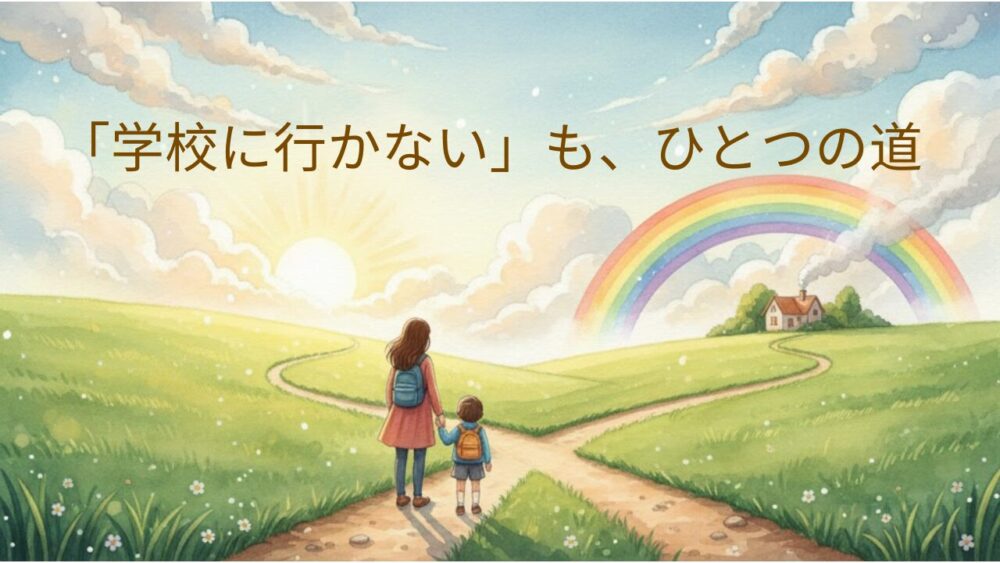 虹のかかる草原で、手をつないで歩く母と子の後ろ姿のイラスト。分かれ道の先に一軒の家が見える温かい風景に、「『学校に行かない』も、ひとつの道」という文字が添えられている。