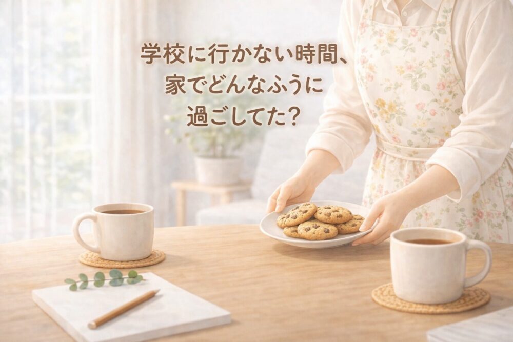 やわらかい光が差し込む室内で、花柄のエプロンをつけた母親がテーブルにクッキーをそっと並べている様子。マグカップやノートが置かれた落ち着いた空間。