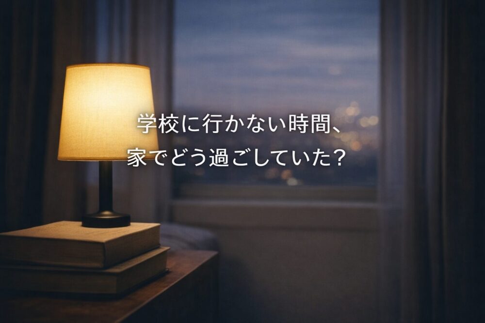 不登校の子どもと家で過ごす時間をイメージした、夜の部屋とやわらかい灯りのイラスト