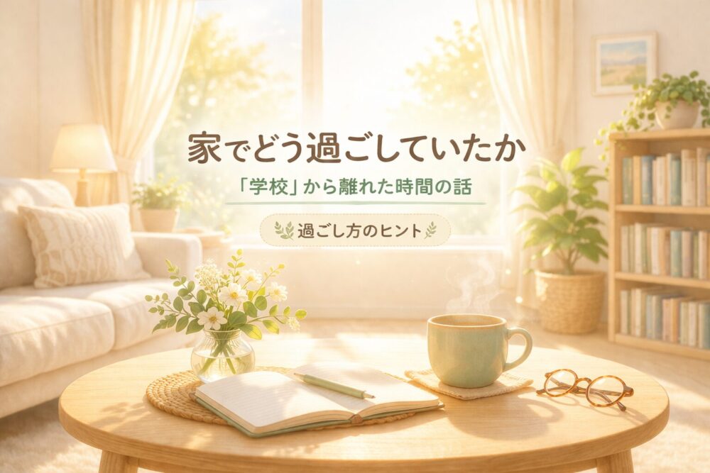 やわらかい日差しが差し込む明るい室内のリビング。ソファや本棚、観葉植物のある落ち着いた空間に、テーブルの上のノートやマグカップが置かれ、「家でどう過ごしていたか」「過ごし方のヒント」と書かれた、あたたかくやさしい雰囲気のアイキャッチ画像。