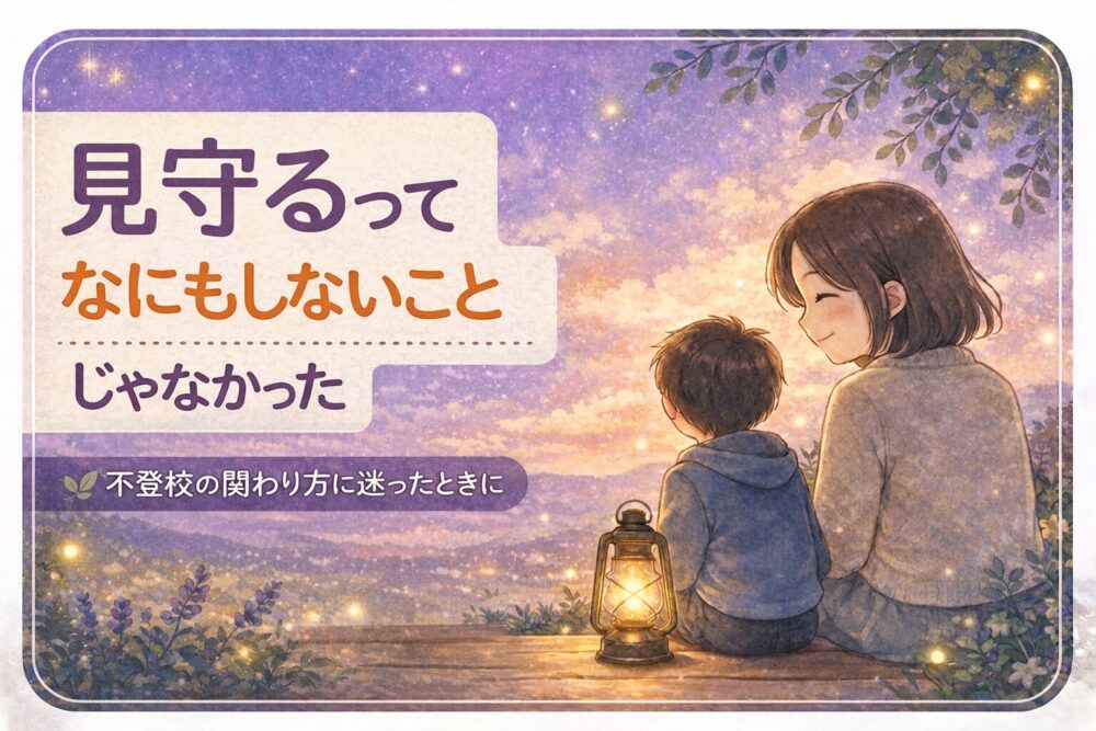不登校の子どもとの関わりに悩む親子が、夕暮れの中で並んで座り、そっと見守る気持ちを表したやさしいイラスト