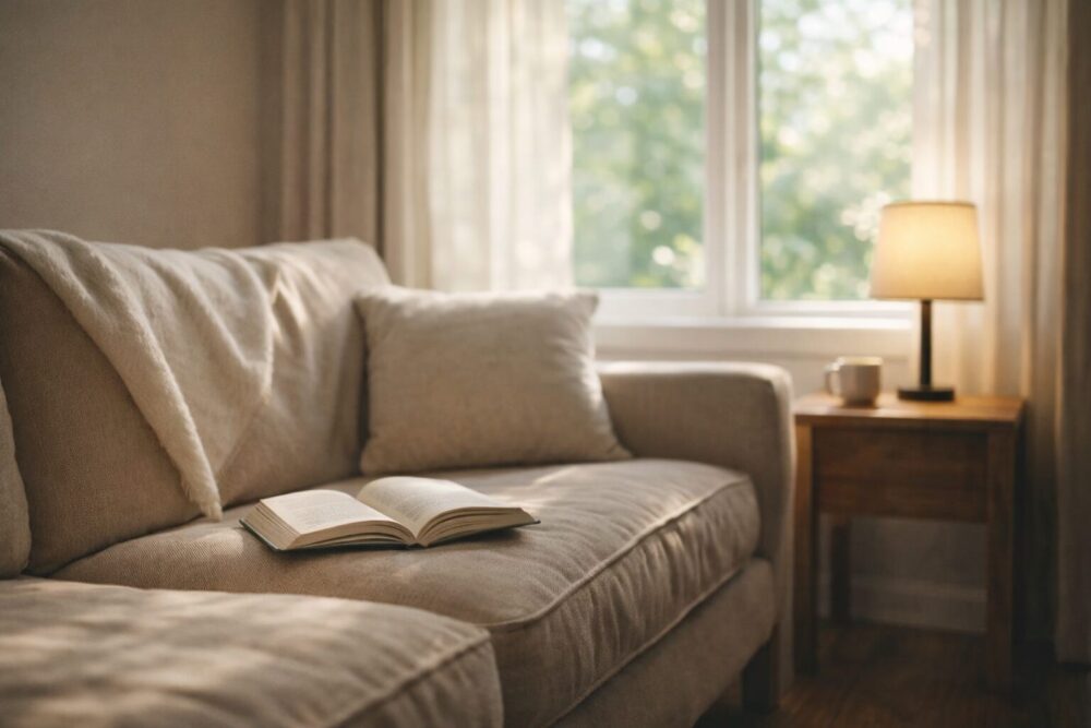 やわらかい光が入る部屋で、ソファと本が置かれた落ち着いた空間のイメージ