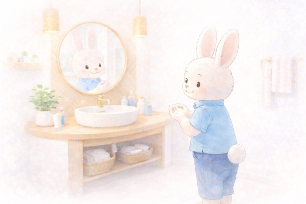 洗面台でクリームを手に取り考える白いうさぎのやわらかいイラスト