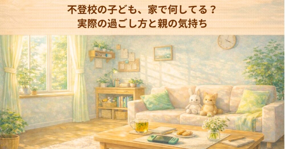 不登校の子どもが家で過ごす様子をイメージした、明るいリビングのイラスト。テーブルにはハーブティーや本、ゲーム機が置かれている。