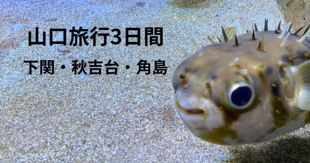山口県（下関・秋吉台・角島）を巡った3日間の旅のアイキャッチ。海響館で見たフグの写真に、旅のタイトルを重ねています。