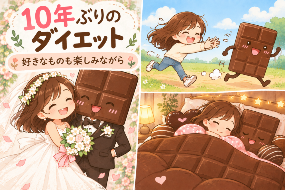 「10年ぶりのダイエット｜好きなものも楽しみながら」と書かれた、チョコレートを持つ女性のイラスト